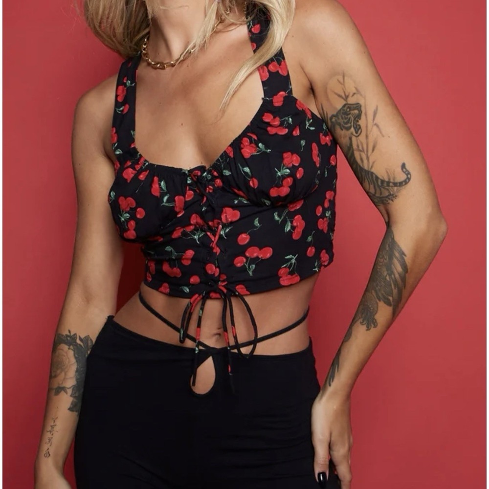 Motel Rocks Glarina Vest Corset Top Womens Large Cherries Black Y2K Retro Grunge